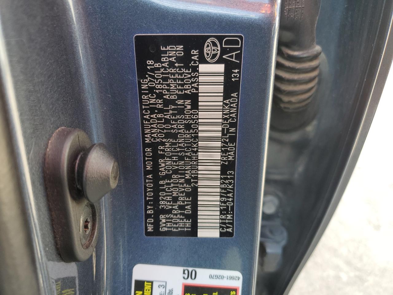 2019 Toyota Corolla L VIN: 2T1BURHE4KC150560 Lot: 82422455