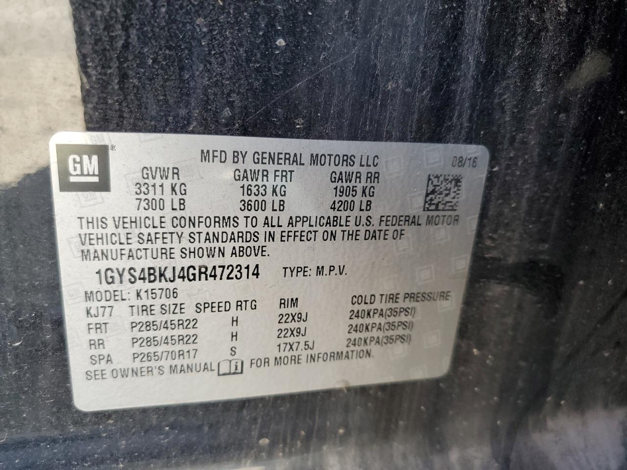 2016 Cadillac Escalade Luxury VIN: 1GYS4BKJ4GR472314 Lot: 82215395