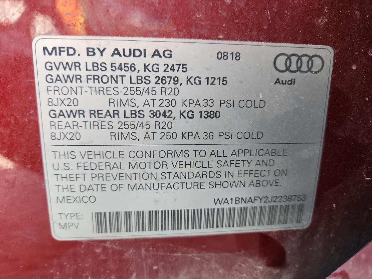 2018 Audi Q5 Premium Plus VIN: WA1BNAFY2J2238753 Lot: 84969585