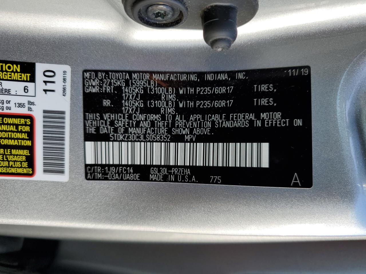 2020 Toyota Sienna Le VIN: 5TDKZ3DC3LS058352 Lot: 87072195