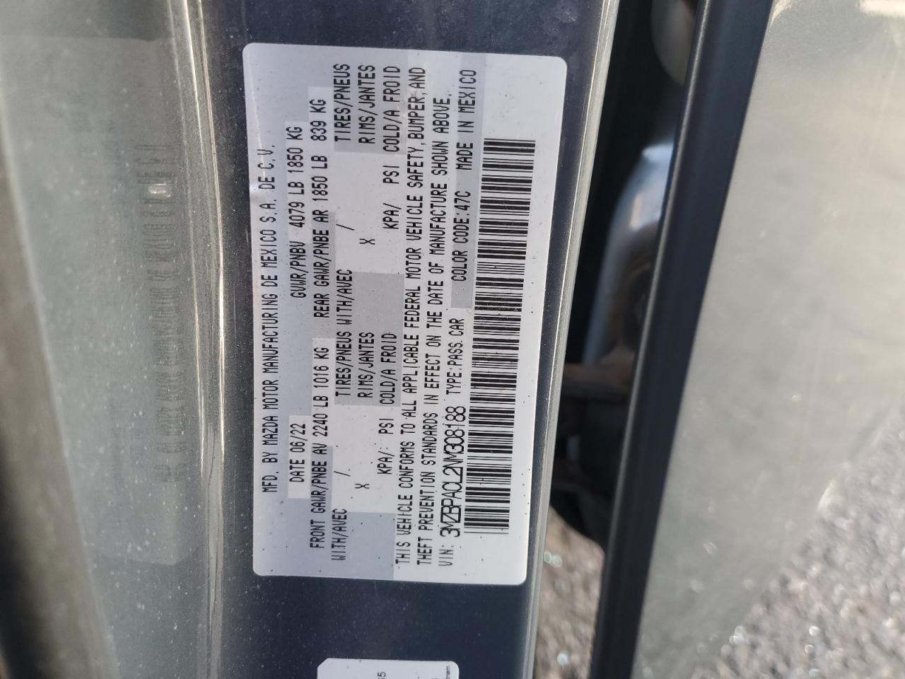 2022 Mazda 3 Preferred VIN: 3MZBPACL2NM308188 Lot: 90365965