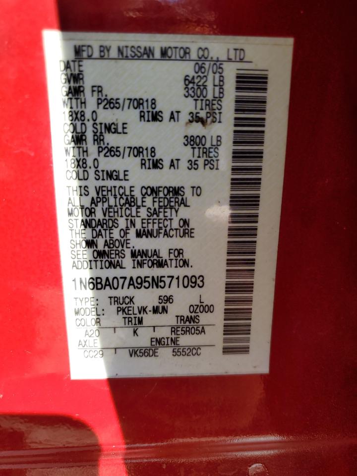 2005 Nissan Titan Xe VIN: 1N6BA07A95N571093 Lot: 82389815