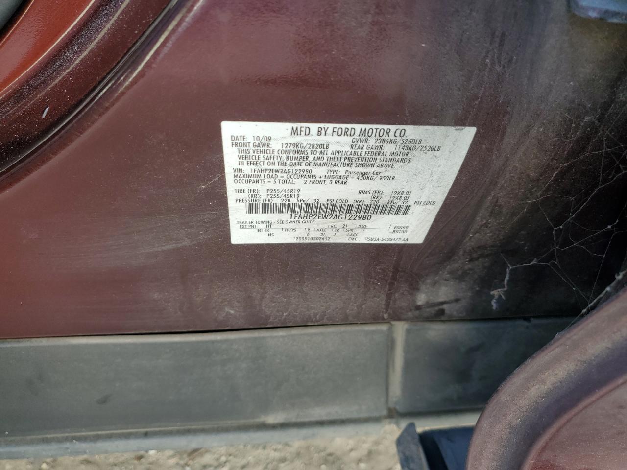 2010 Ford Taurus Sel VIN: 1FAHP2EW2AG122980 Lot: 86880045