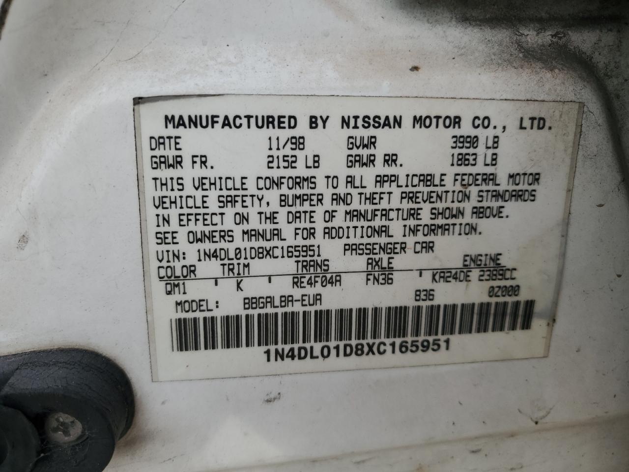 1999 Nissan Altima Xe VIN: 1N4DL01D8XC165951 Lot: 86433795