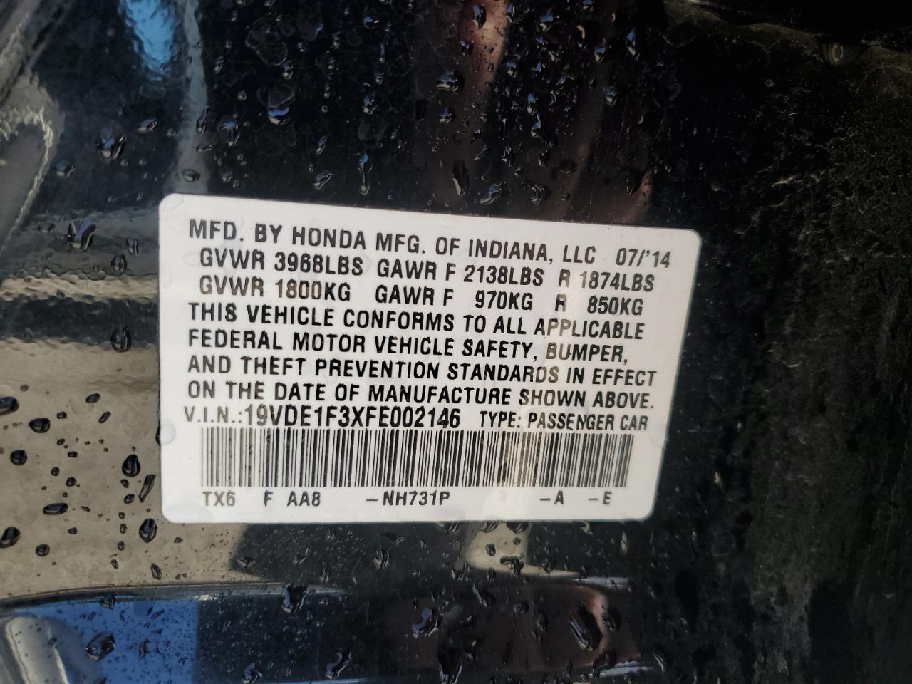 2015 Acura Ilx 20 VIN: 19VDE1F3XFE002146 Lot: 86793545