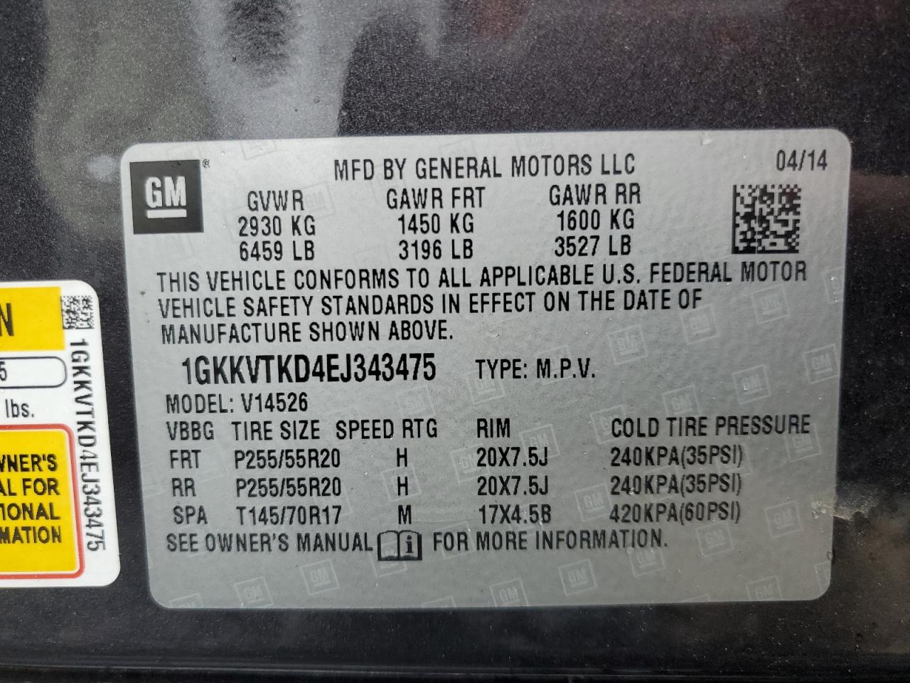 2014 GMC Acadia Denali VIN: 1GKKVTKD4EJ343475 Lot: 86239975