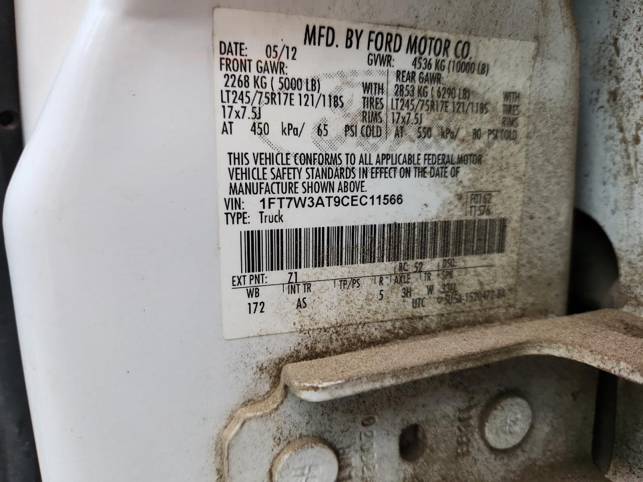 2012 Ford F350 Super Duty VIN: 1FT7W3AT9CEC11566 Lot: 89824245