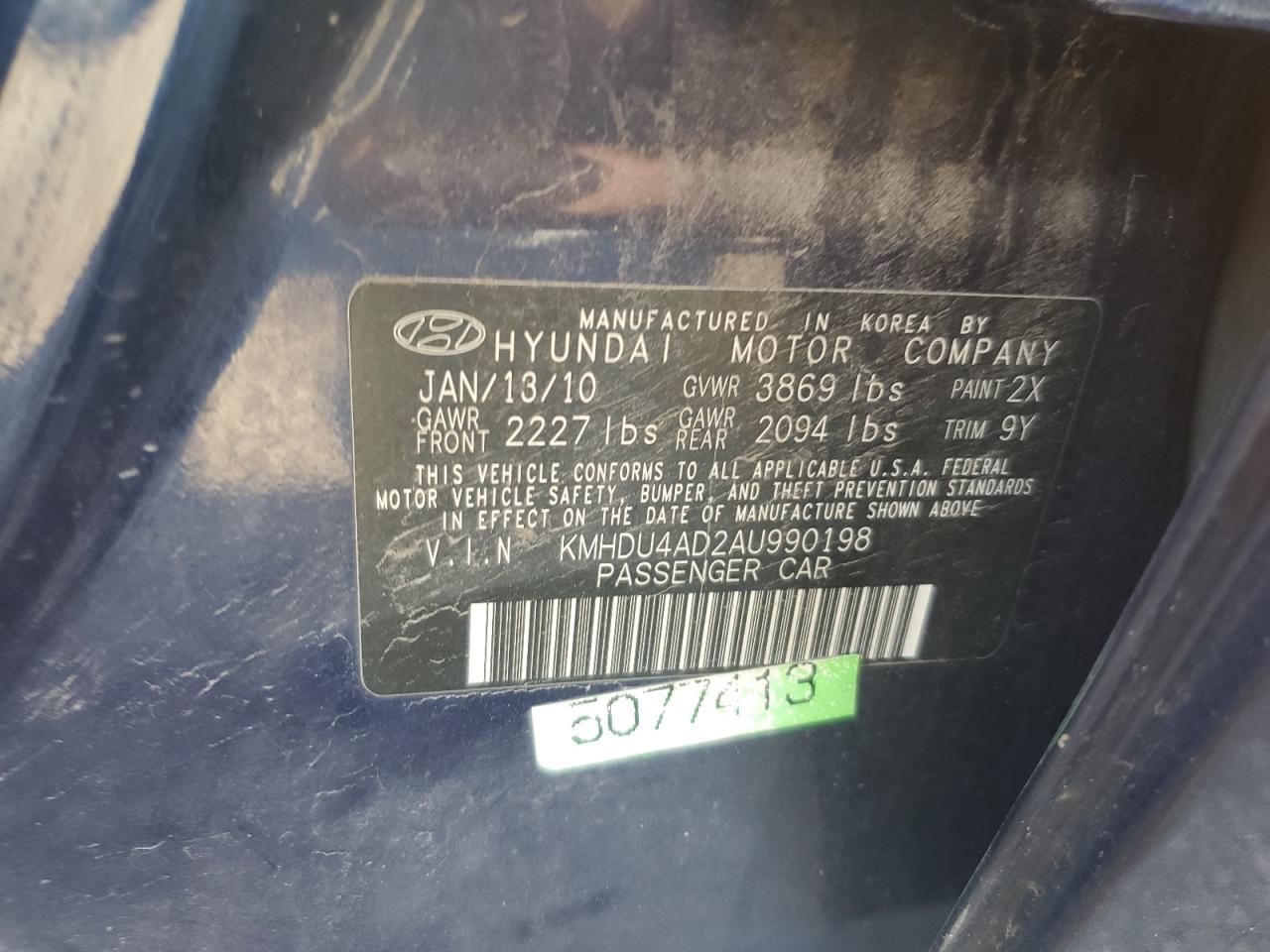 2010 Hyundai Elantra Blue VIN: KMHDU4AD2AU990198 Lot: 86524515