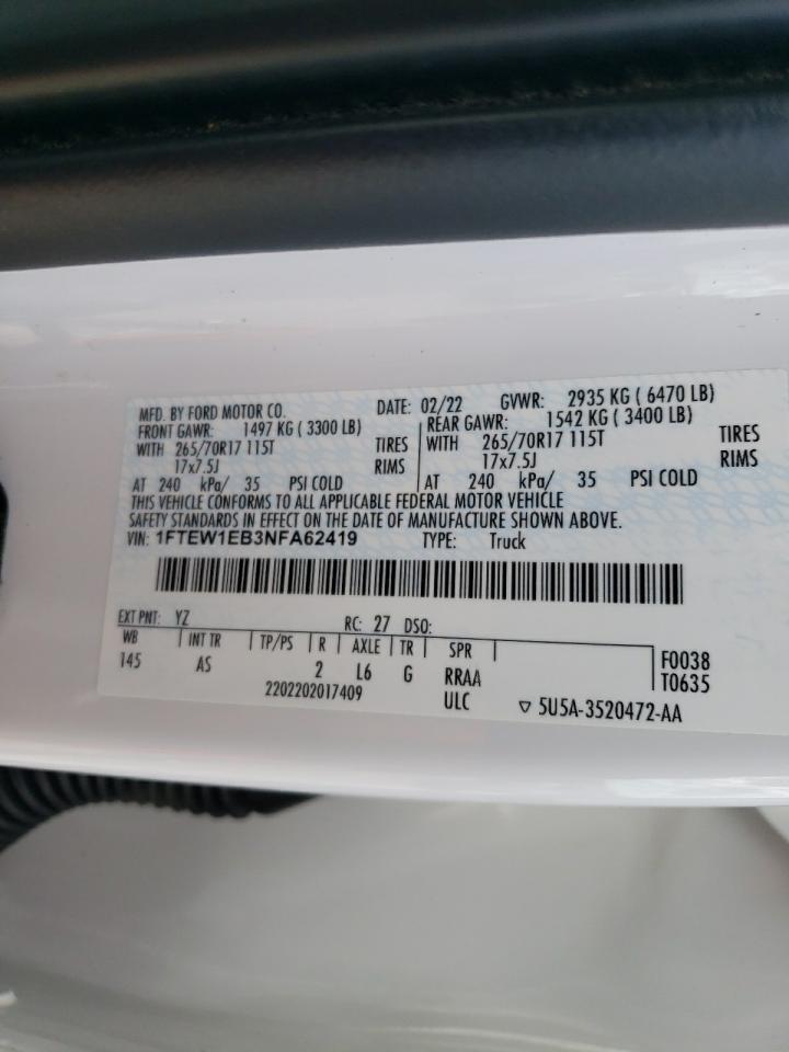 2022 Ford F150 Supercrew VIN: 1FTEW1EB3NFA62419 Lot: 82633755