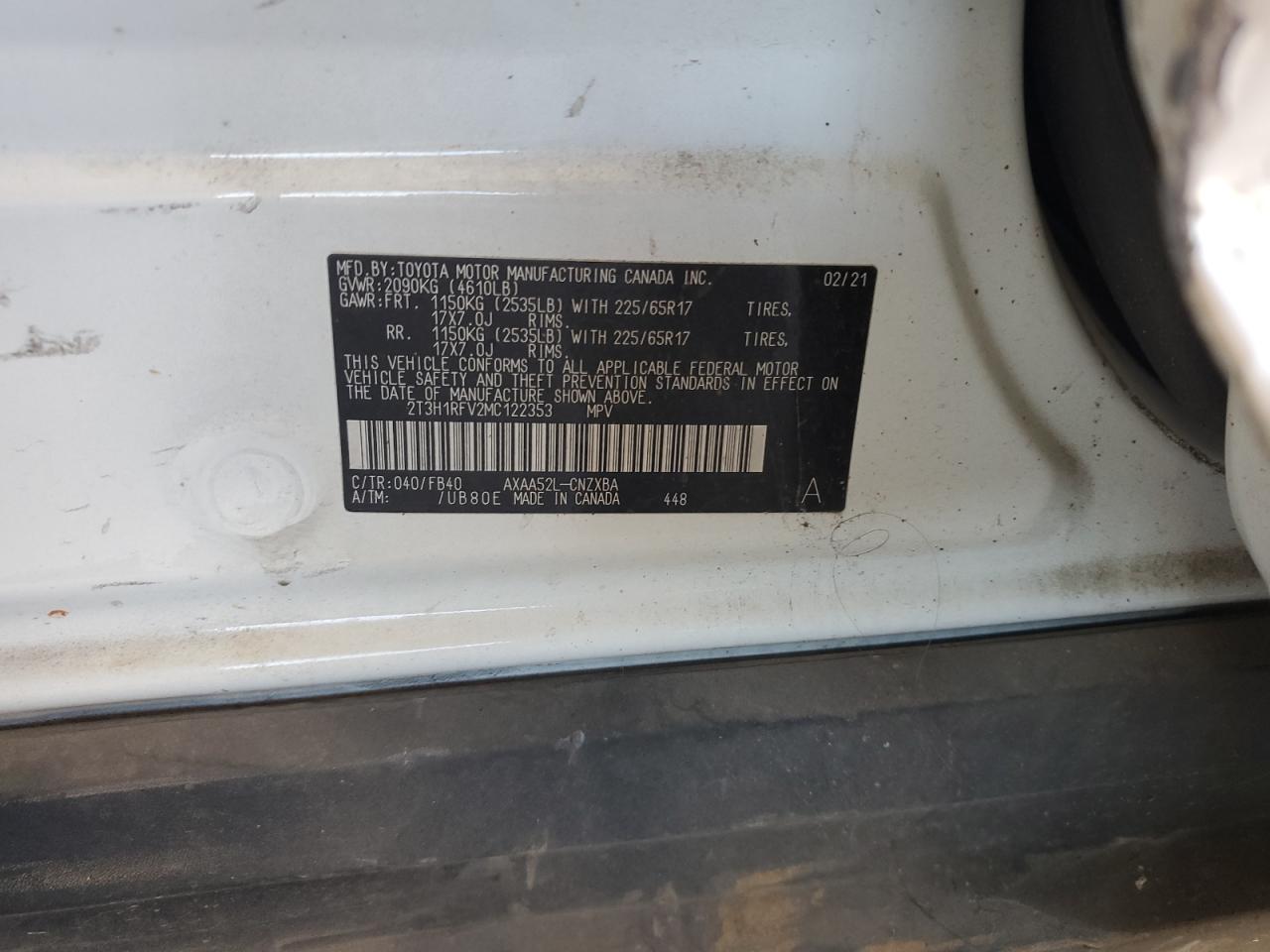 2021 Toyota Rav4 Le VIN: 2T3H1RFV2MC122353 Lot: 87305115