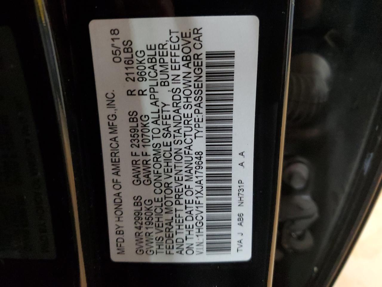 2018 Honda Accord Lx VIN: 1HGCV1F1XJA179648 Lot: 81953545