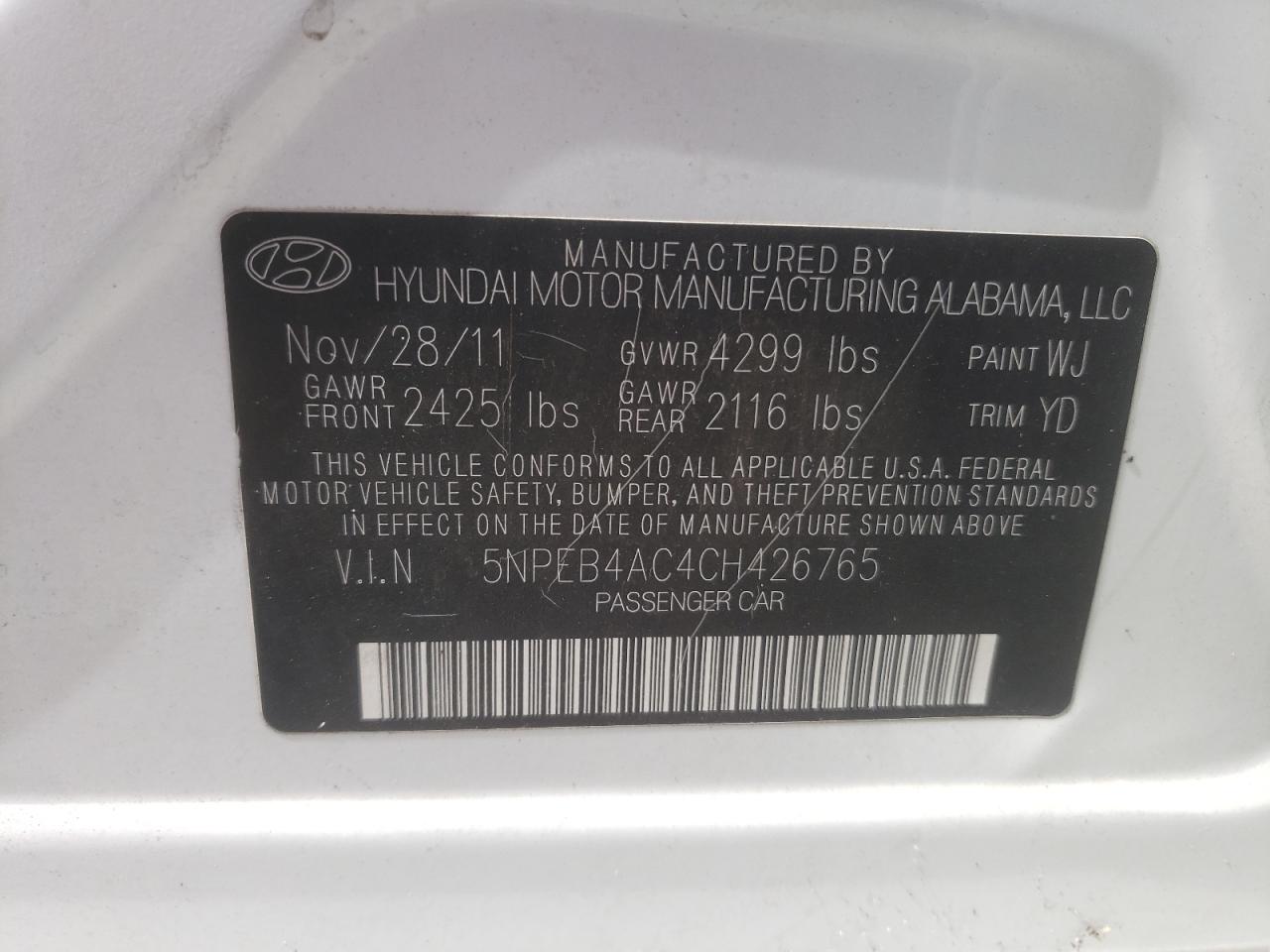 2012 Hyundai Sonata Gls VIN: 5NPEB4AC4CH426765 Lot: 85868065