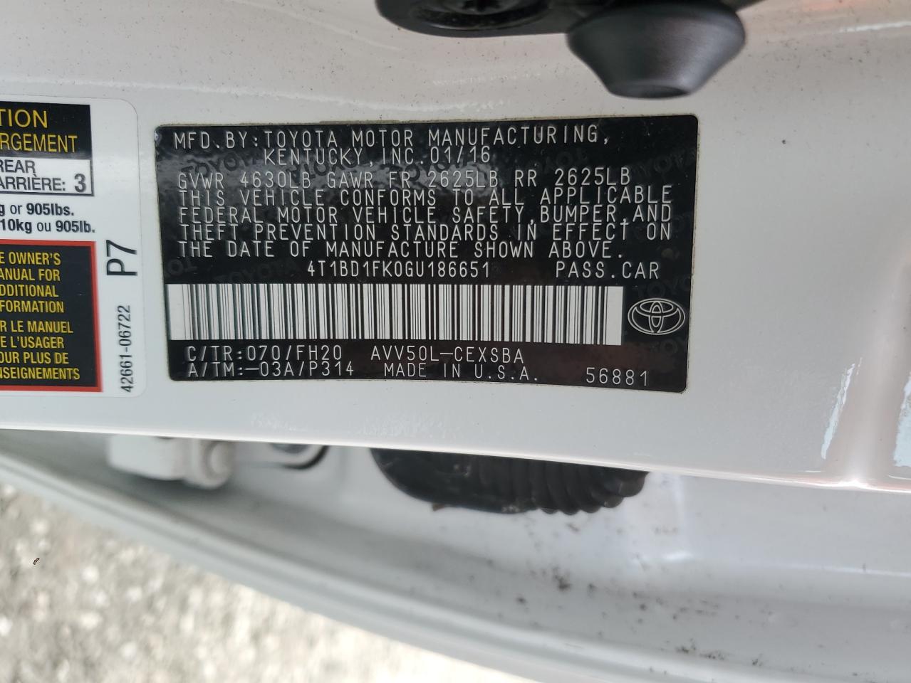 2016 Toyota Camry Hybrid VIN: 4T1BD1FK0GU186651 Lot: 90135255