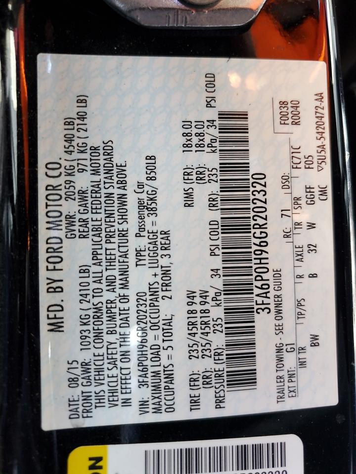 2016 Ford Fusion Se VIN: 3FA6P0H96GR202320 Lot: 86181595