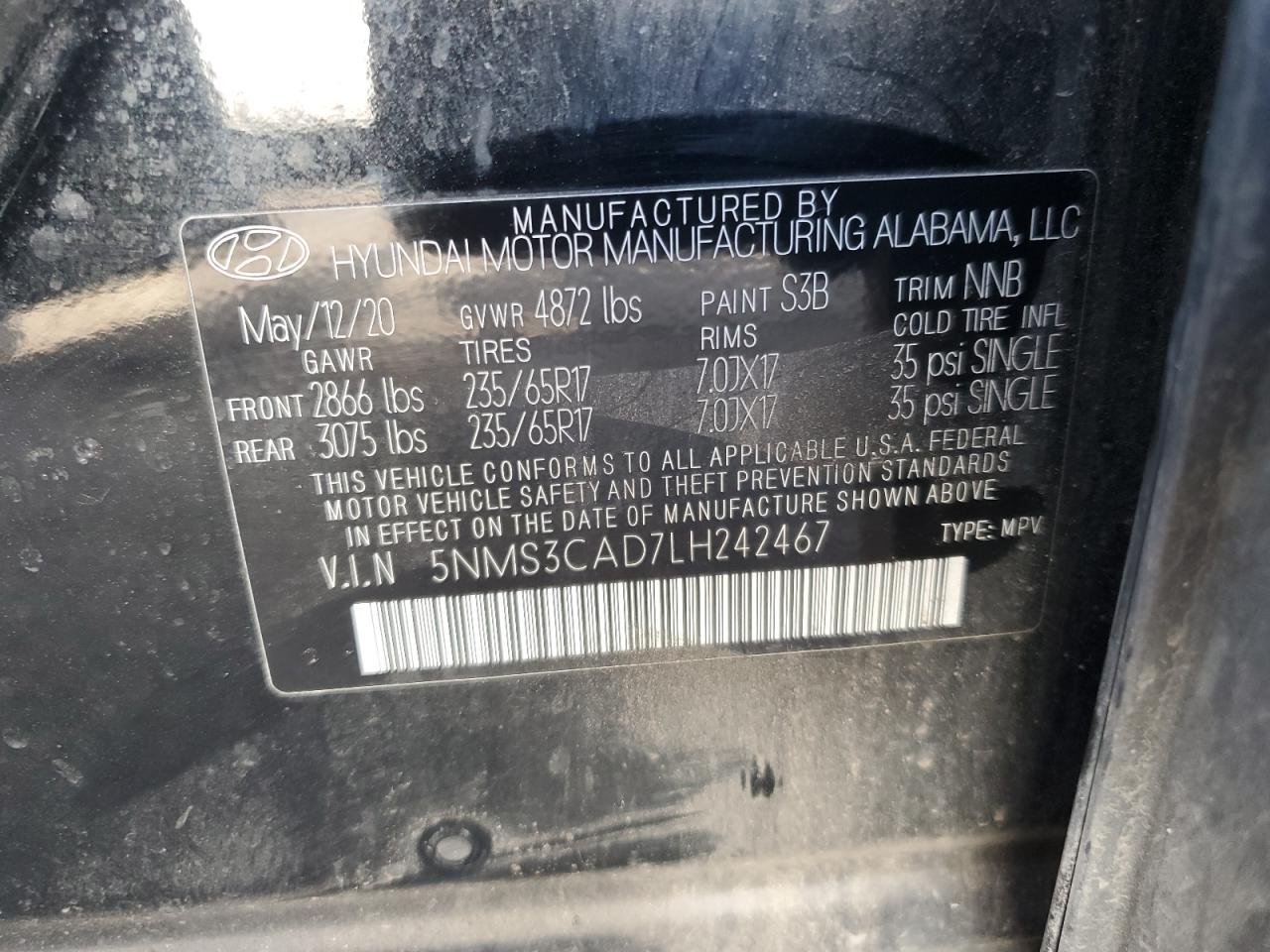 2020 Hyundai Santa Fe Sel VIN: 5NMS3CAD7LH242467 Lot: 86096825