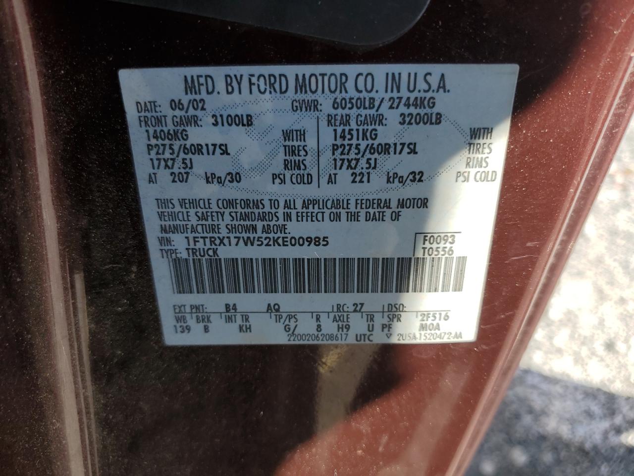 2002 Ford F150 VIN: 1FTRX17W52KE00985 Lot: 90618475