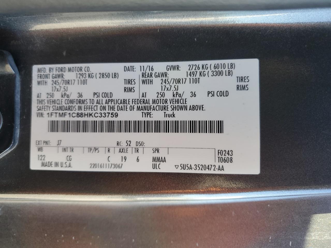 2017 Ford F150 VIN: 1FTMF1C88HKC33759 Lot: 87476585