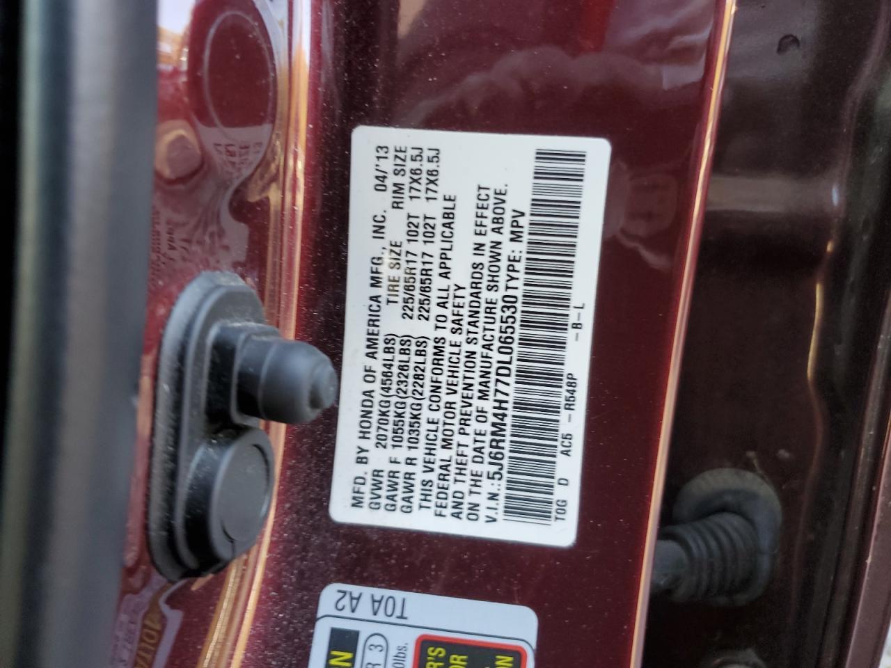 2013 Honda Cr-V Exl VIN: 5J6RM4H77DL065530 Lot: 82653265