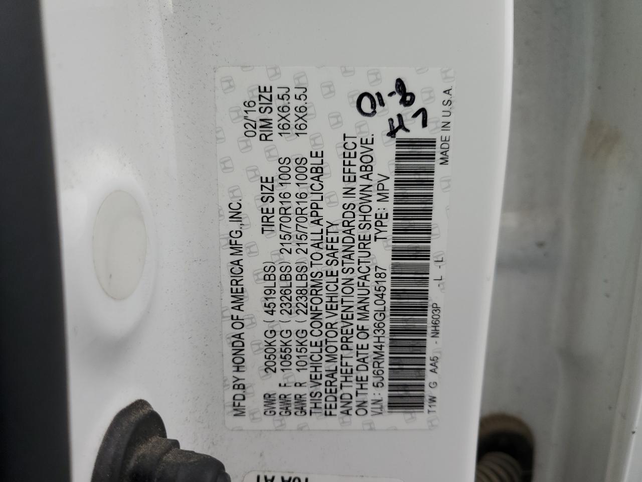 2016 Honda Cr-V Lx VIN: 5J6RM4H36GL045187 Lot: 85198905