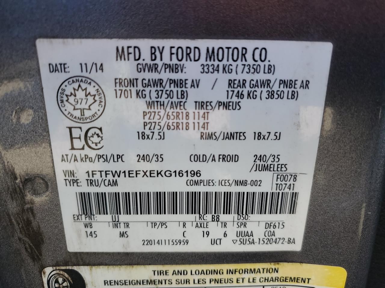 2014 Ford F150 Supercrew VIN: 1FTFW1EFXEKG16196 Lot: 85767315