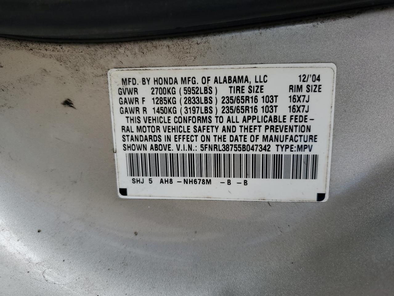 2005 Honda Odyssey Exl VIN: 5FNRL38755B047342 Lot: 85864695