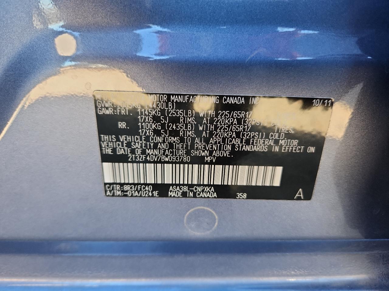 2011 Toyota Rav4 VIN: 2T3ZF4DV7BW093780 Lot: 86773475