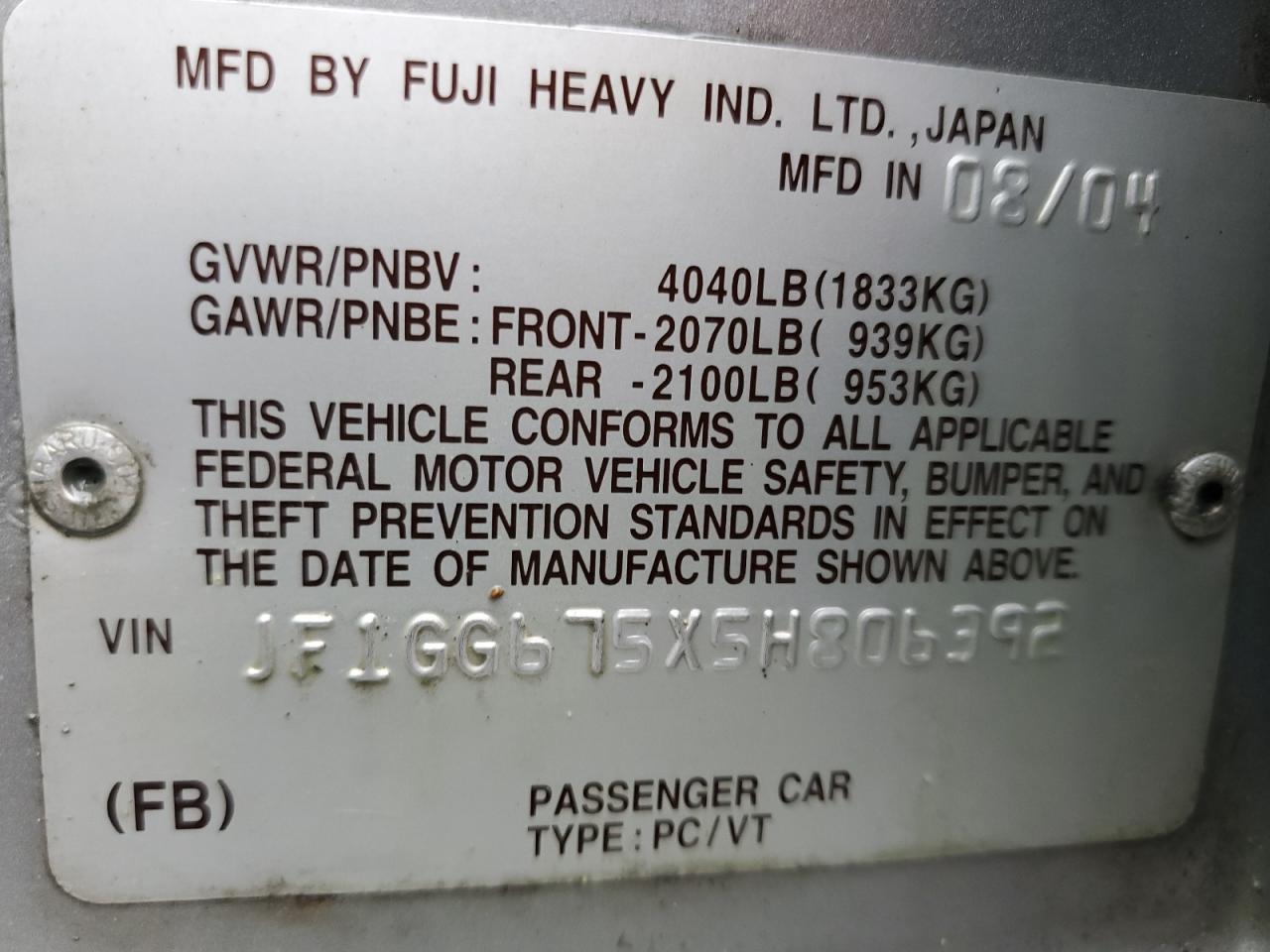2005 Subaru Impreza Rs VIN: JF1GG675X5H806392 Lot: 85838165