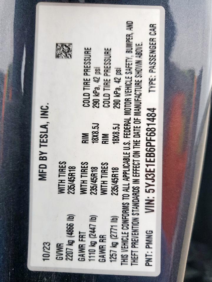2023 Tesla Model 3 VIN: 5YJ3E1EB6PF681484 Lot: 89709665