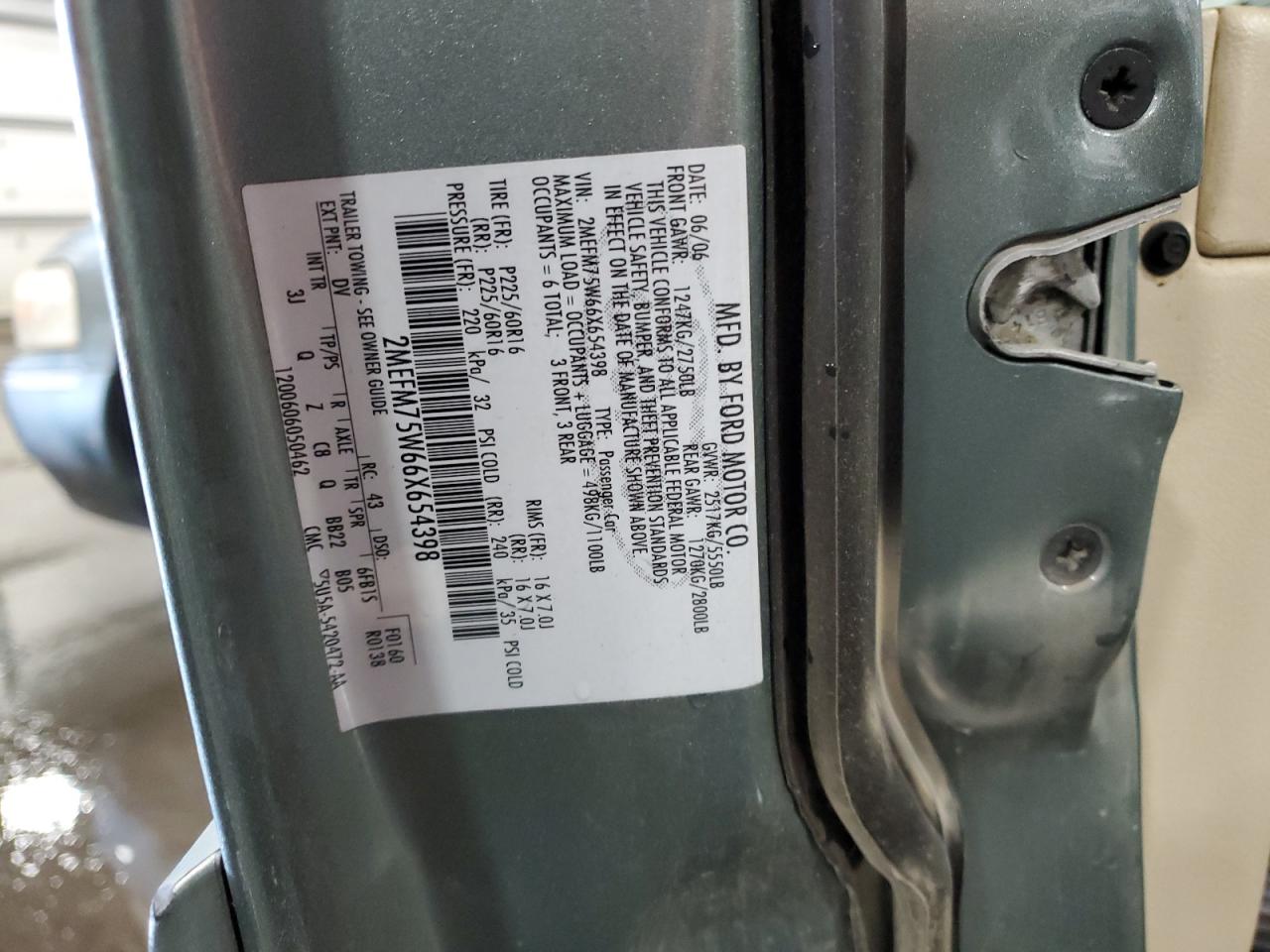 2006 Mercury Grand Marquis Ls VIN: 2MEFM75W66X654398 Lot: 84068915