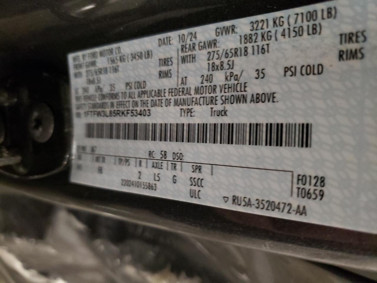 2024 Ford F150 Xlt VIN: 1FTFW3L85RKF53403 Lot: 85509375