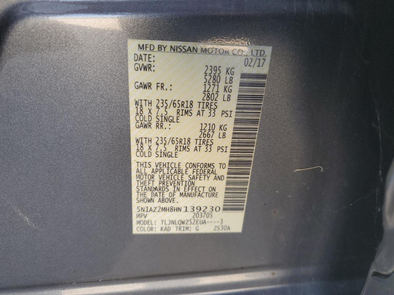 2017 Nissan Murano S VIN: 5N1AZ2MH8HN139230 Lot: 82405595