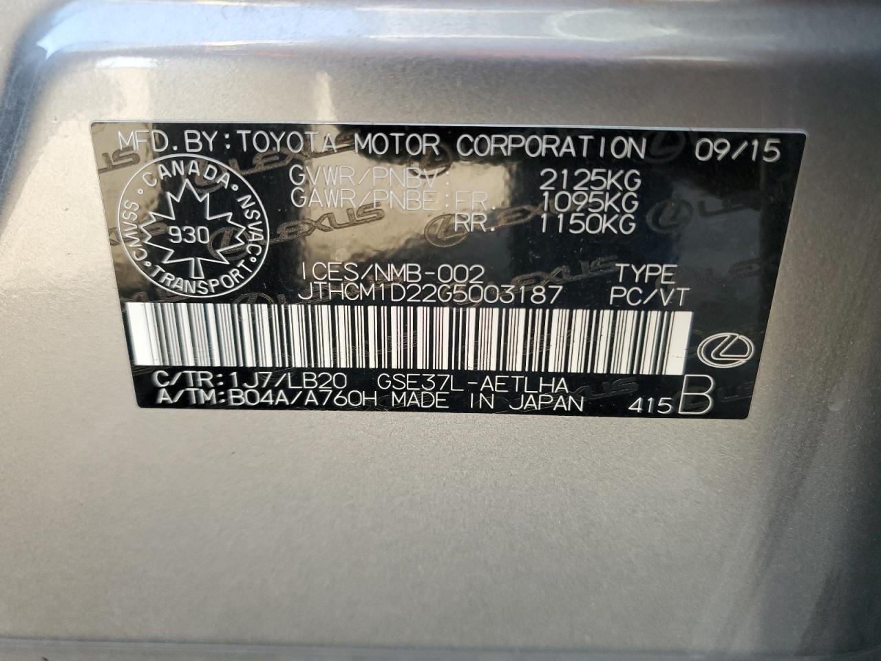 2016 Lexus Is 300 VIN: JTHCM1D22G5003187 Lot: 90252295