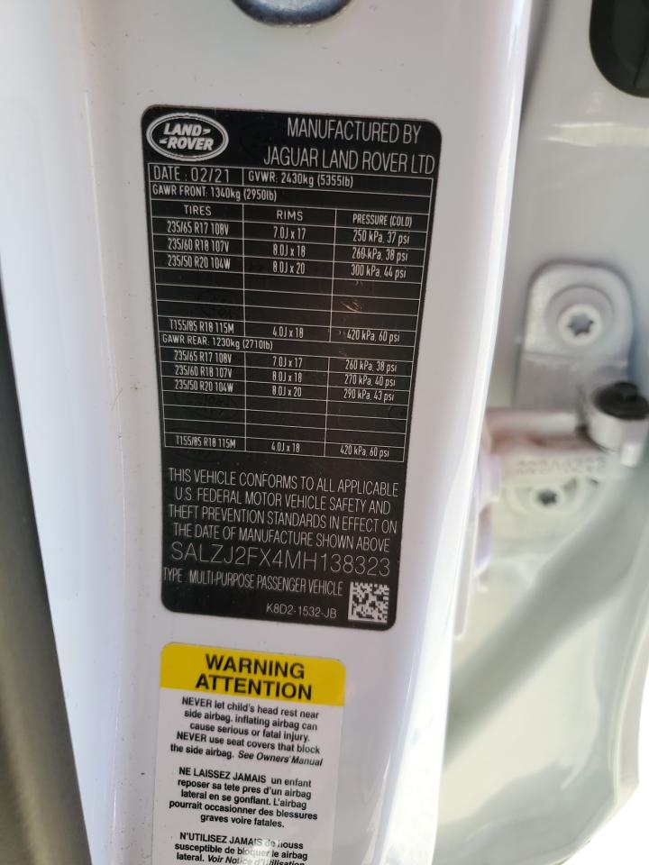 2021 Land Rover Range Rover Evoque S VIN: SALZJ2FX4MH138323 Lot: 82505075