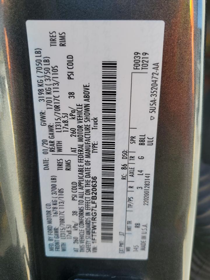 2020 Ford F150 Raptor VIN: 1FTFW1RG7LFB20636 Lot: 89681205