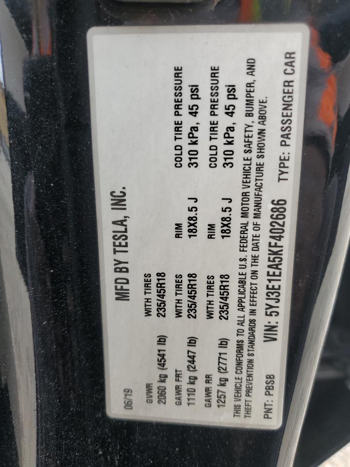 2019 Tesla Model 3 VIN: 5YJ3E1EA5KF402686 Lot: 85338335