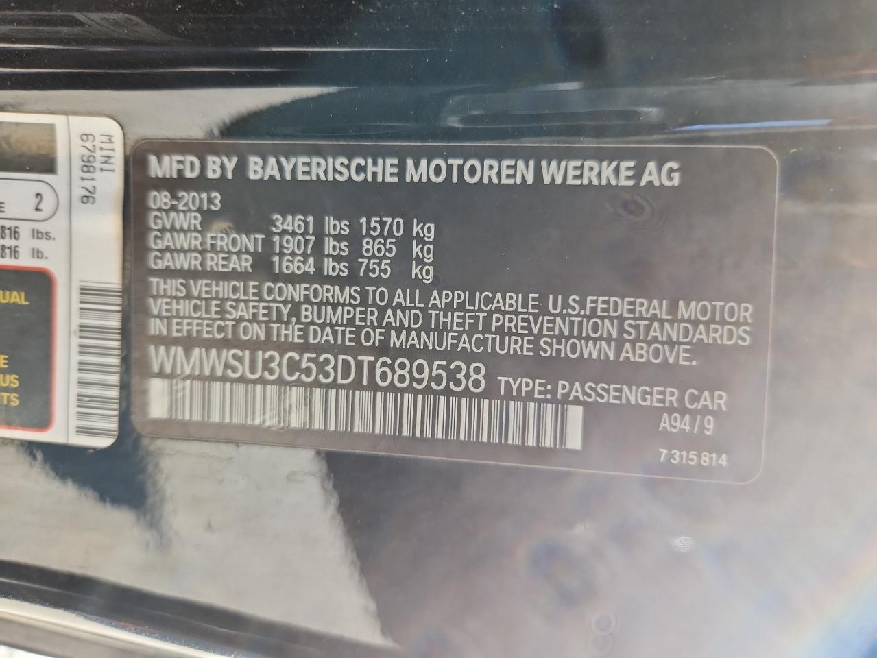 2013 Mini Cooper VIN: WMWSU3C53DT689538 Lot: 82541255