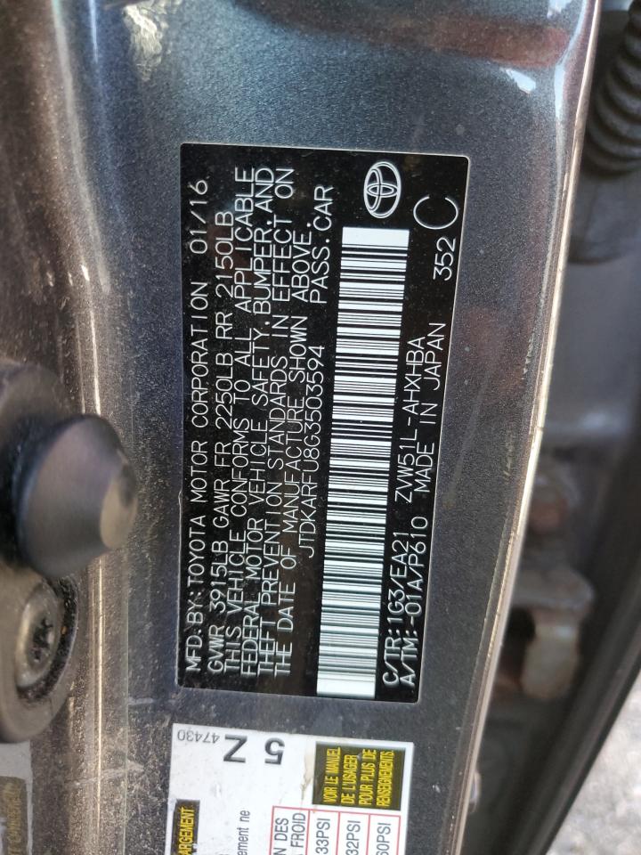 2016 Toyota Prius VIN: JTDKARFU8G3503594 Lot: 84428695