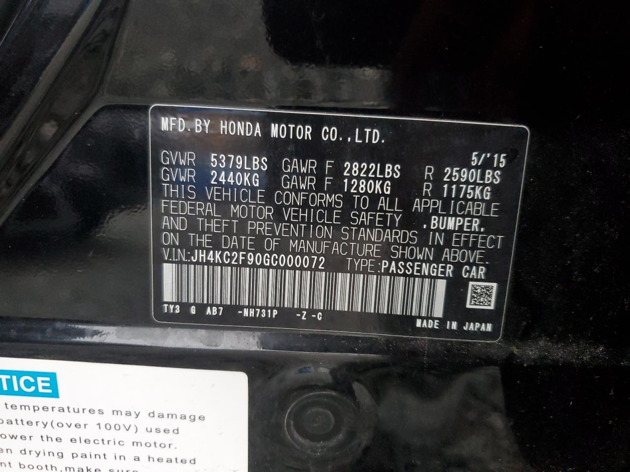 2016 Acura Rlx Sport Hybrid Advance VIN: JH4KC2F90GC000072 Lot: 90314485