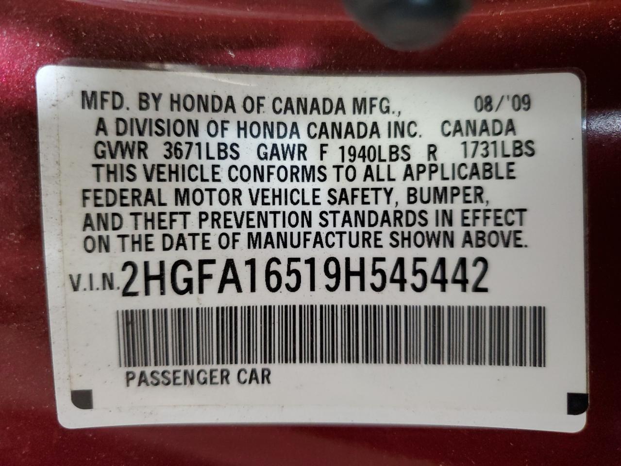 2009 Honda Civic Lx VIN: 2HGFA16519H545442 Lot: 82417825