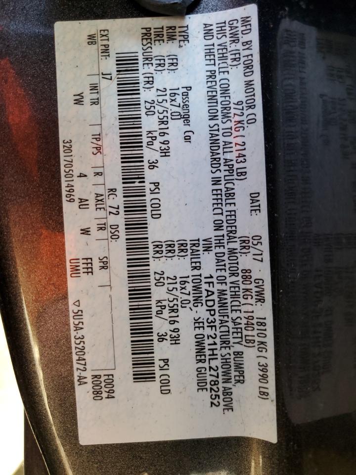 2017 Ford Focus Se VIN: 1FADP3F21HL278252 Lot: 85537645