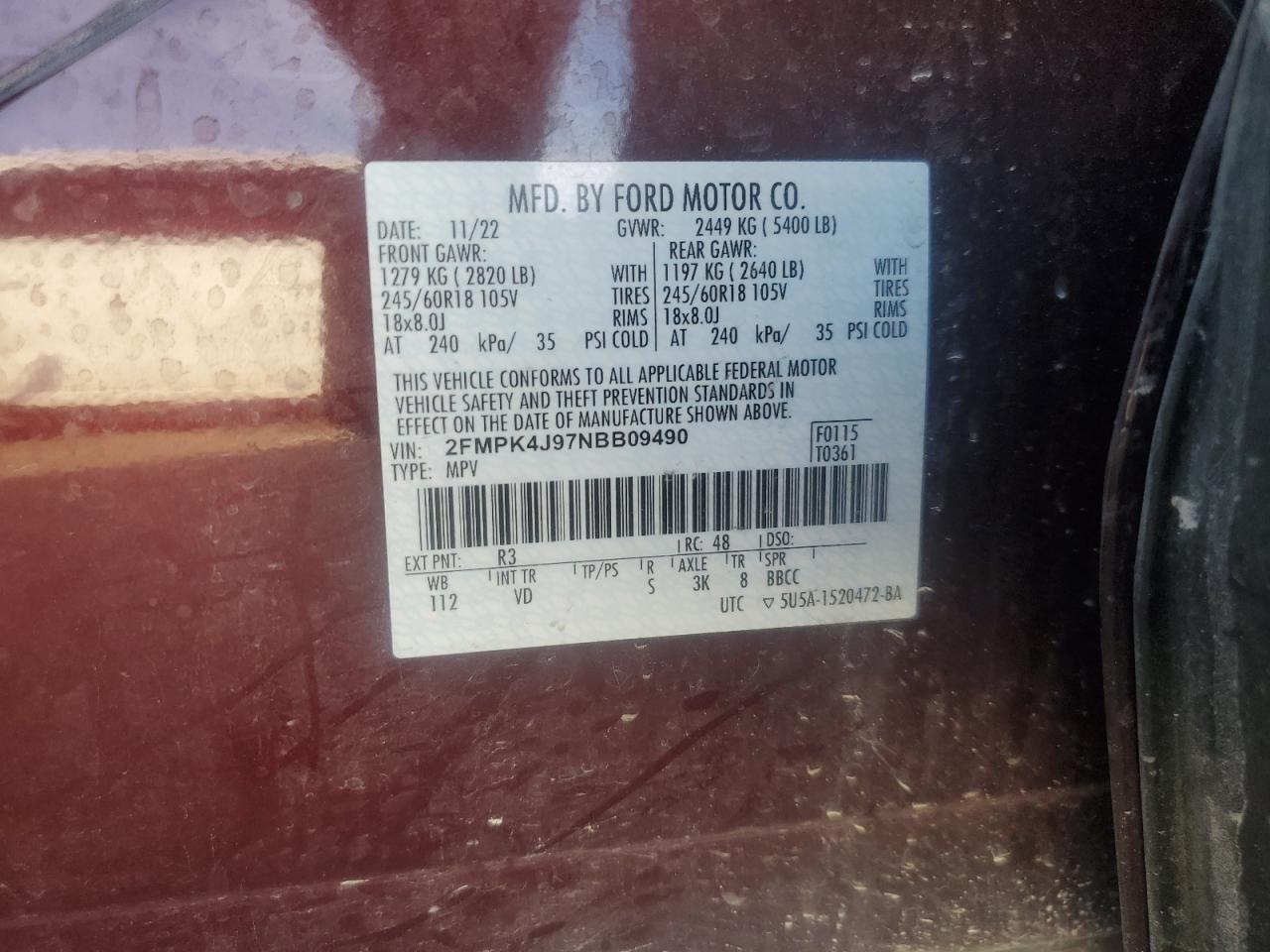 2022 Ford Edge Sel VIN: 2FMPK4J97NBB09490 Lot: 81991995