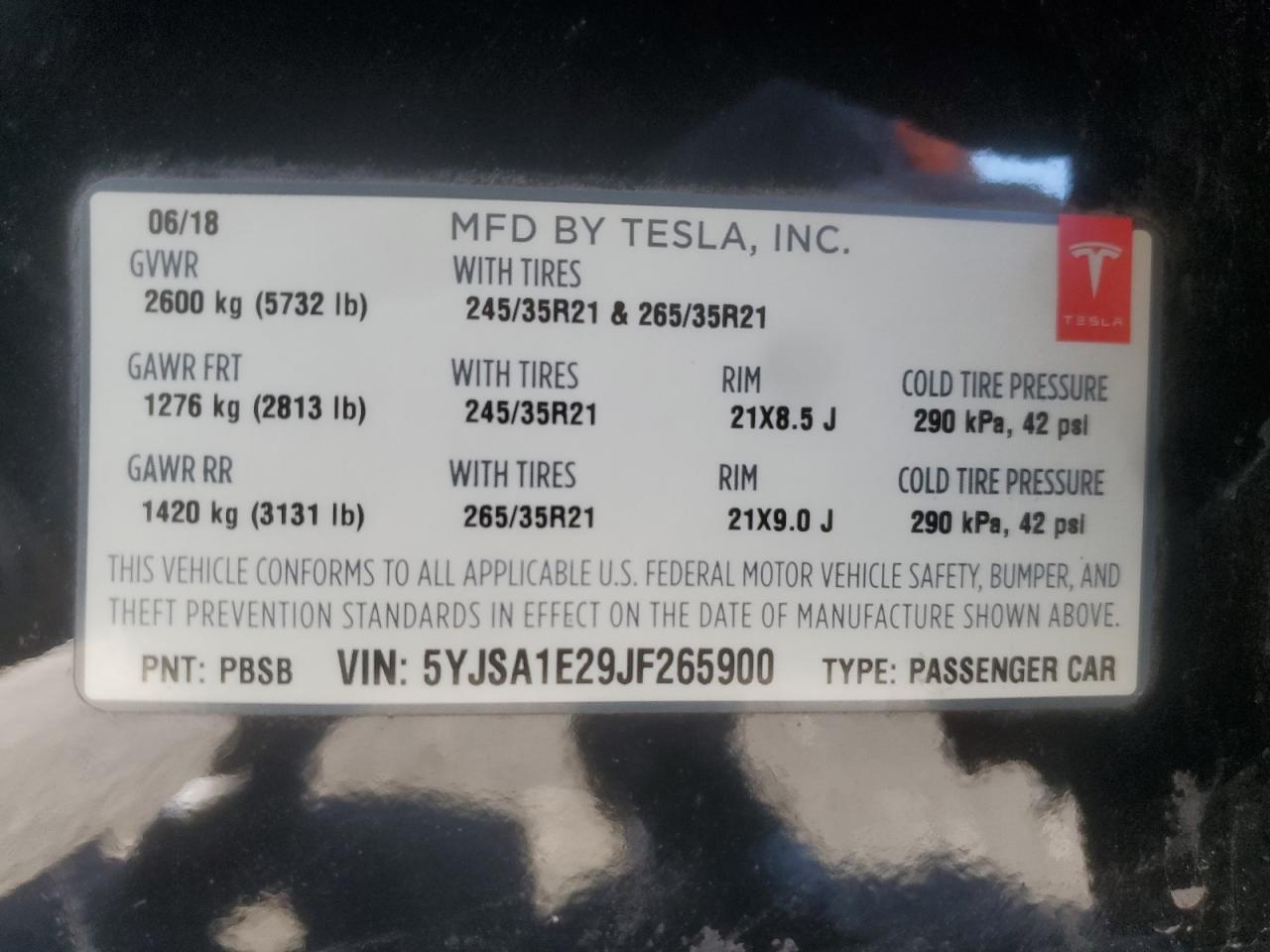 2018 Tesla Model S VIN: 5YJSA1E29JF265900 Lot: 84470505