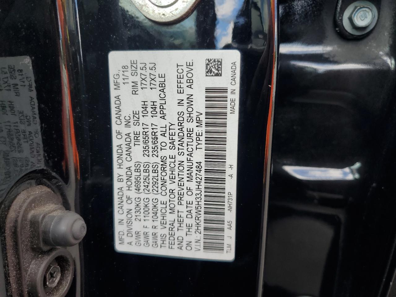 2018 Honda Cr-V Lx VIN: 2HKRW5H33JH427484 Lot: 86307365