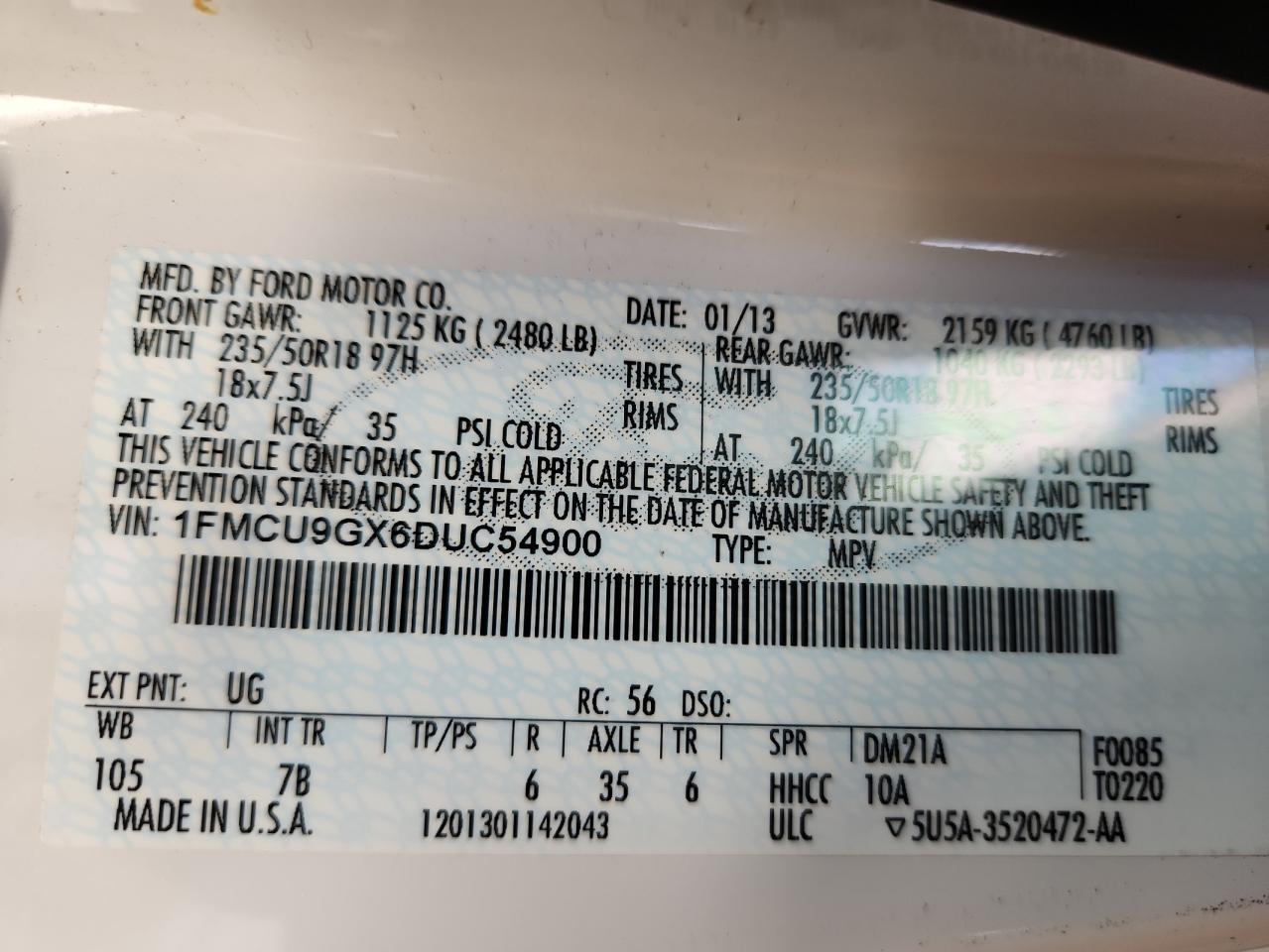 2013 Ford Escape Se VIN: 1FMCU9GX6DUC54900 Lot: 82548695