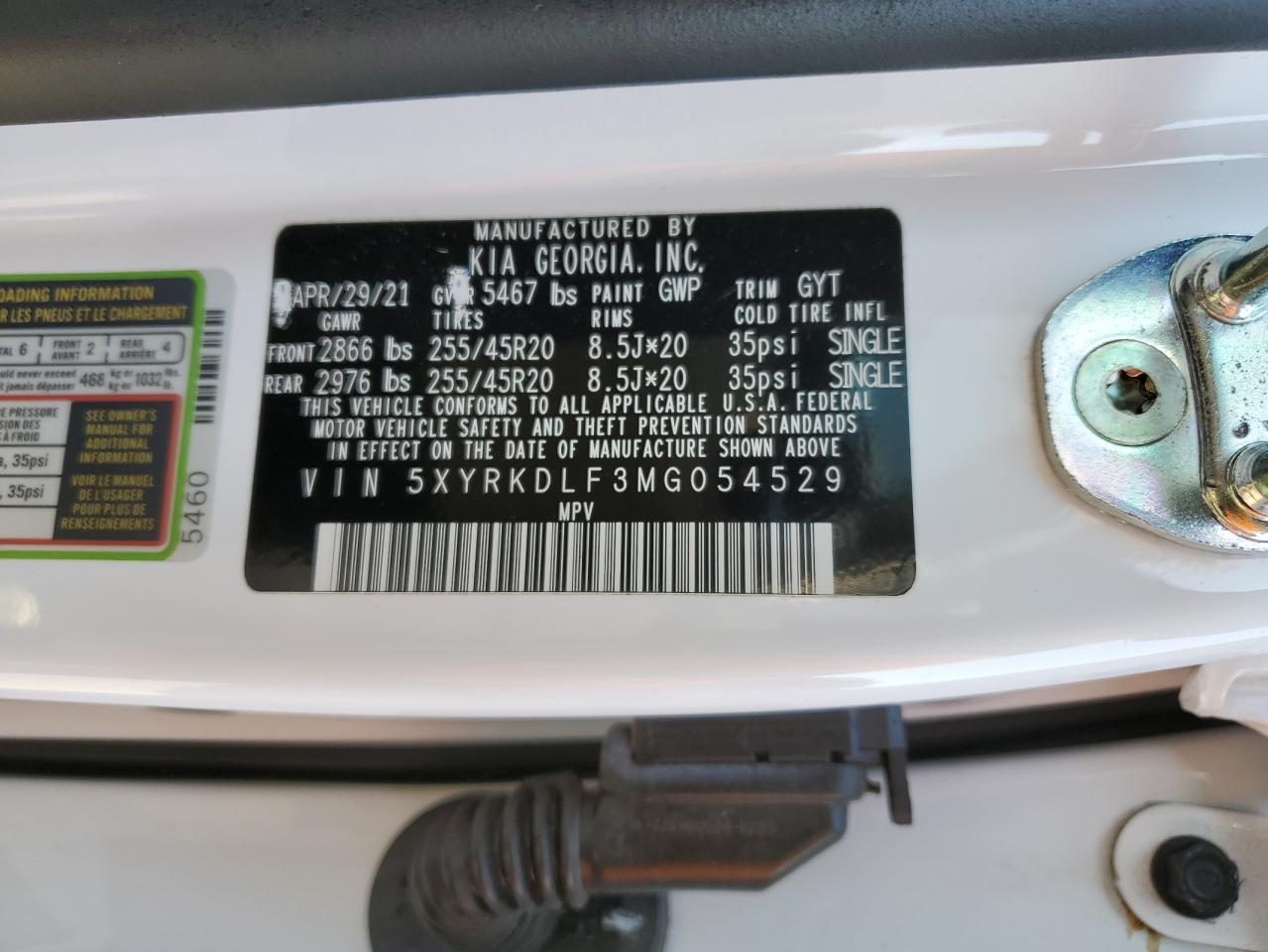 2021 Kia Sorento Sx VIN: 5XYRKDLF3MG054529 Lot: 84888195