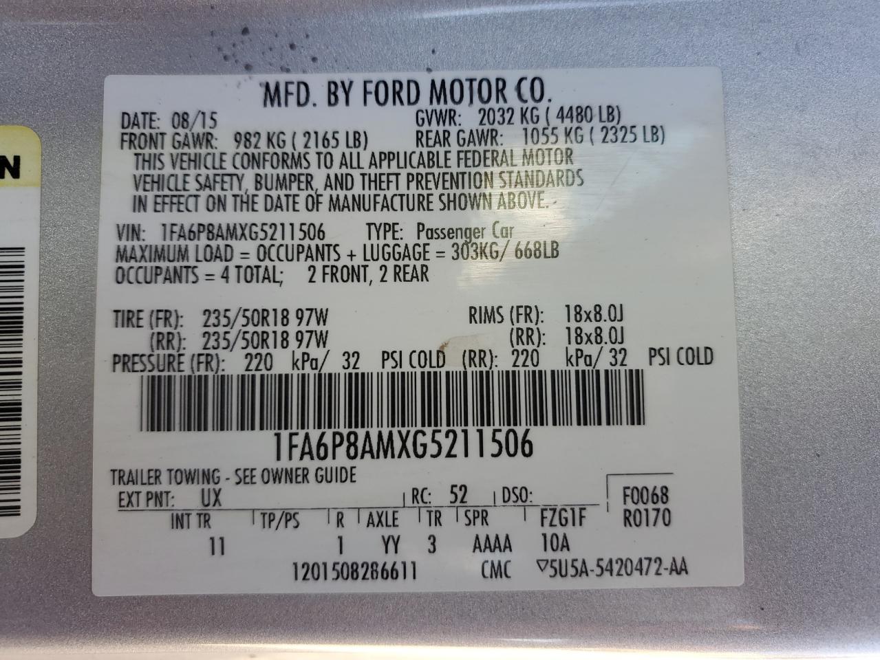 2016 Ford Mustang VIN: 1FA6P8AMXG5211506 Lot: 90556975