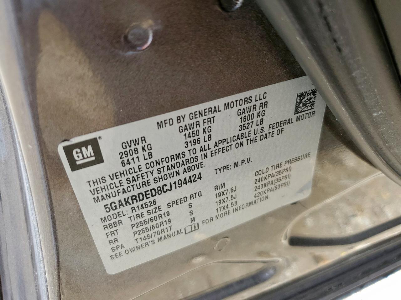 2012 Buick Enclave VIN: 5GAKRDED8CJ194424 Lot: 90436085