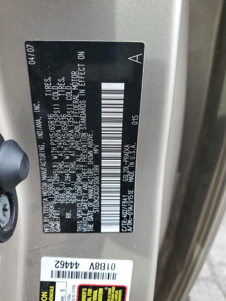 2007 Toyota Sienna Ce VIN: 5TDZK23C07S061388 Lot: 85544425