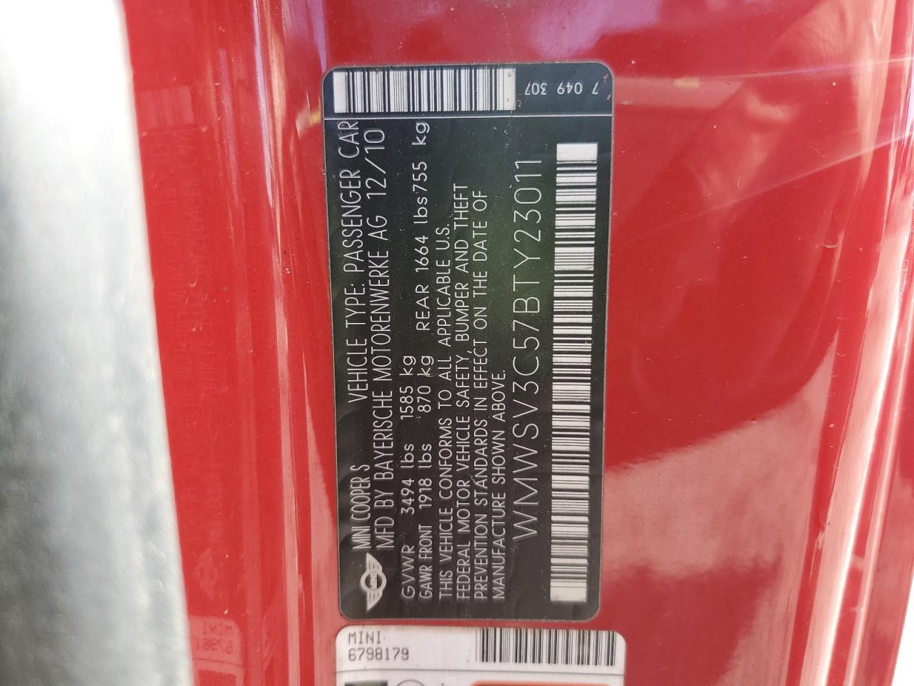 2011 Mini Cooper S VIN: WMWSV3C57BTY23011 Lot: 90834185