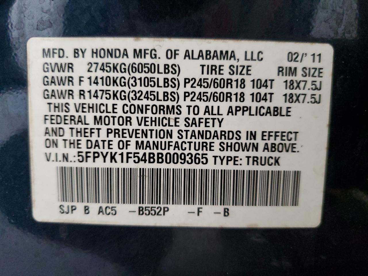 2011 Honda Ridgeline Rtl VIN: 5FPYK1F54BB009365 Lot: 82423295